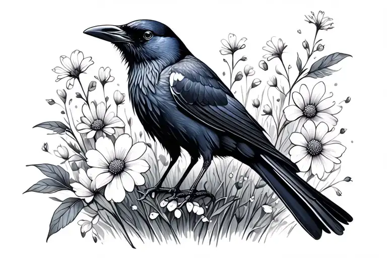 Dainty Raven In A Flower Meadow