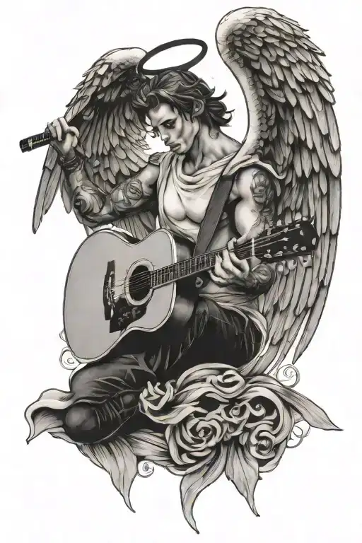 Male Angel Hold Guitar With Wings Spread Wide