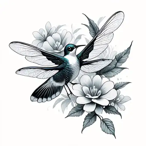 Dragronfly And Humming Bird With Flowers