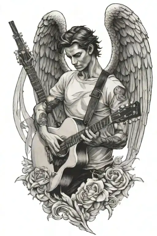 Male Angel Hold Guitar With Wings Spread Wide Open Facing Forward