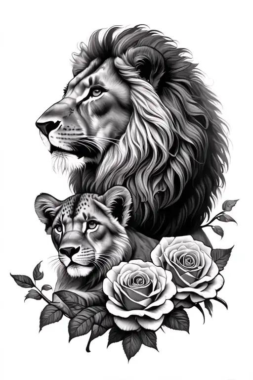 Lion And Cubs Intertwined With Roses