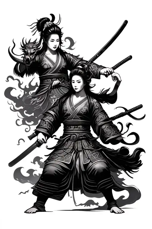 Samurai Warrior Battling Demons With Geisha Holding A Katana