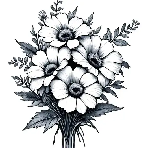 Birth Flower Bouquet Four Flowers Fine Line Drawing