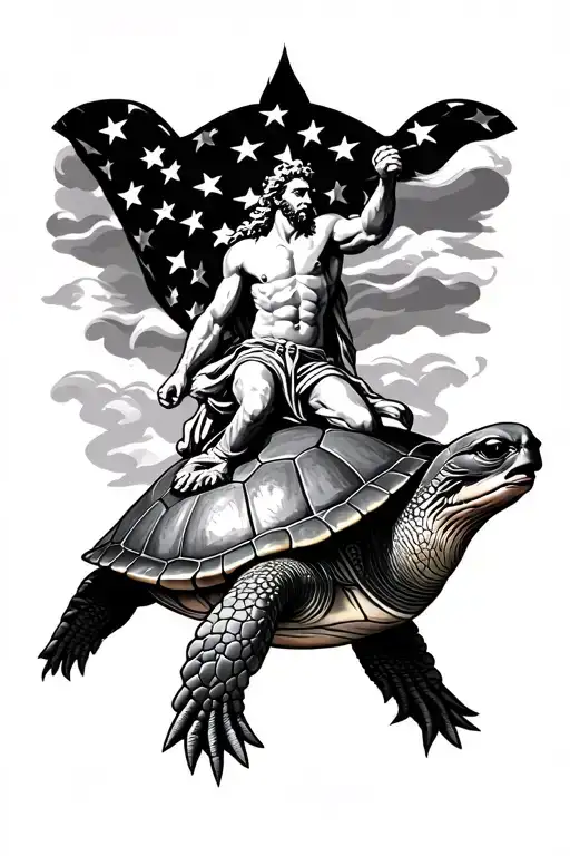 Old School Tattoo Depicting Zeus Riding On A Navy Shellback Turtle With A Star Spangled Background