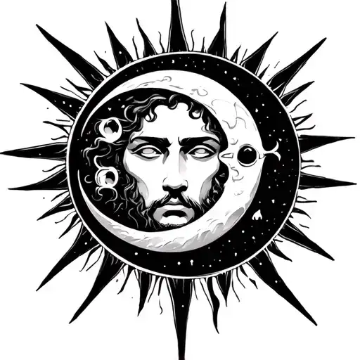A Sun And Moon Surrounded A Simbol For The God Ares
