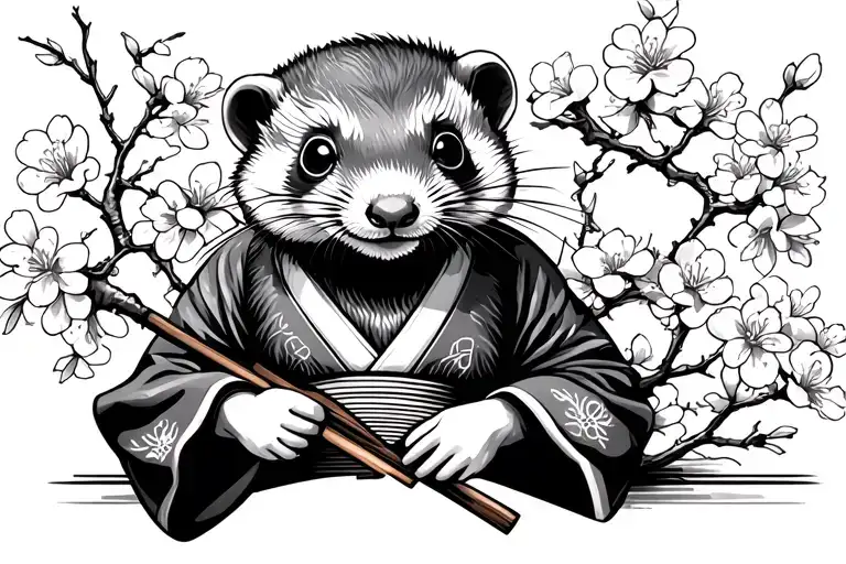 Ferret In A Kimono Holding A Fan With Cherry Blossoms In Background