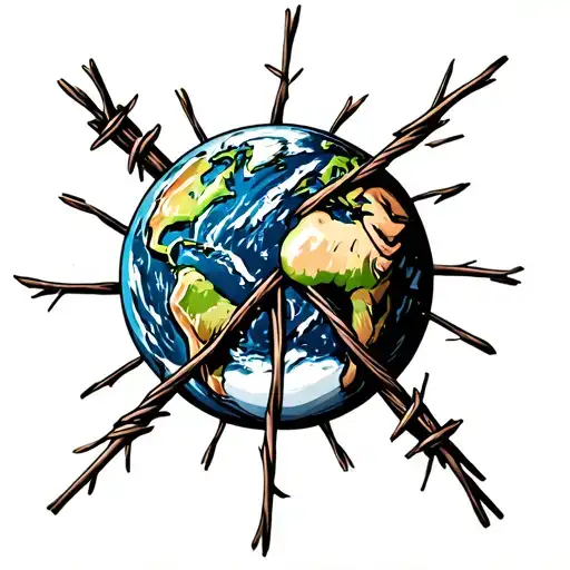 Planet Earth Being Squeezed Tightly By A Thin Wooden Barbed Wire Peace Sign