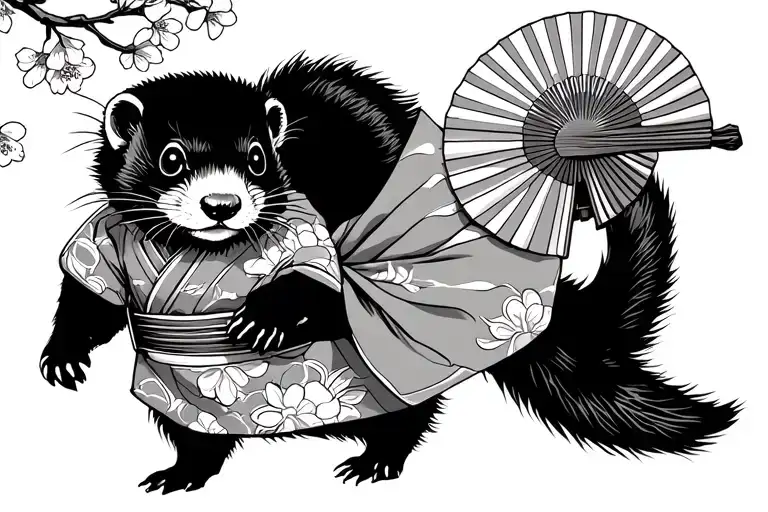 Ferret Standing Tall In A Kimono Holding A Fan With Cherry Blossoms In Background