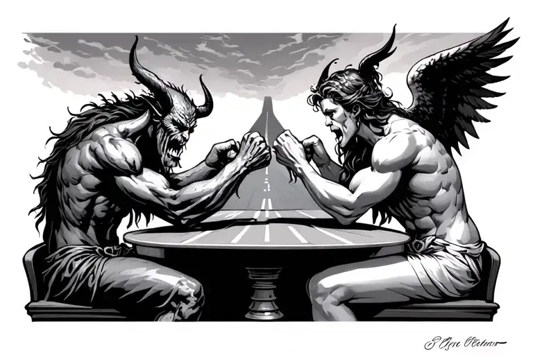 A Demon And An Angel Sitting At A Table Arm Wrestling Behind Then Is A Road With A Fork In It