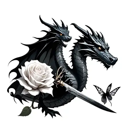Black Dragon Holding Sward And White Rose With A Fairy