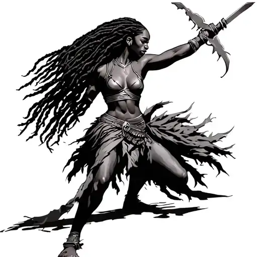 Female African Warrior Standing Dreadlocks Battling
