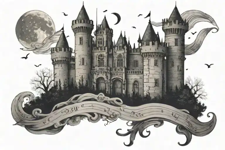 Castle With Song Lyrics Under Night Sky