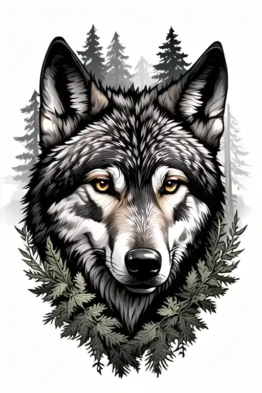 Wolf Face Surrounded By Forest Scene