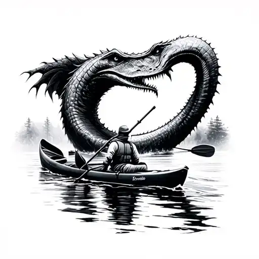 Loch Ness Monster And Kayaker Navigating Through Calm Waters
