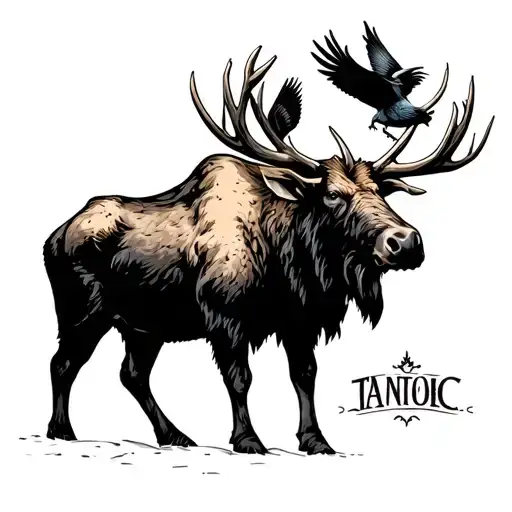 Bull Moose With Hiking Bird On The Antler