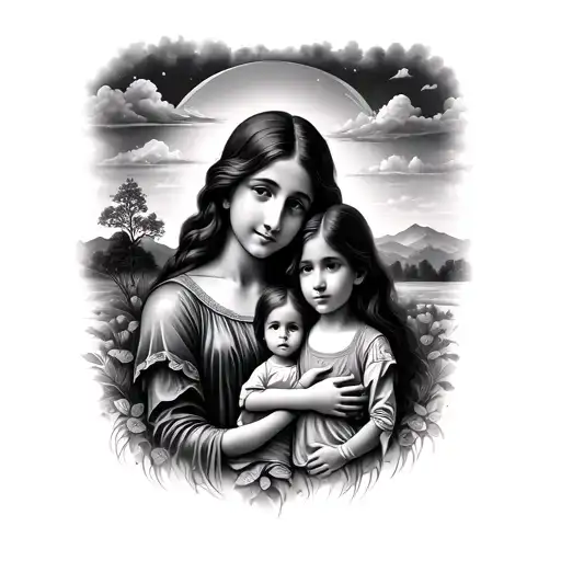 A Mother With Her Children And A Landscape