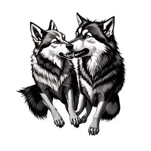 Black And White Wolf Fighting Each Other