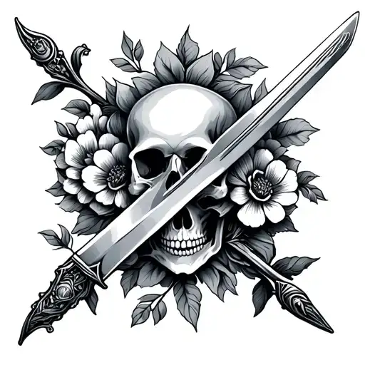 Sword With Skull In Middle And Flowers