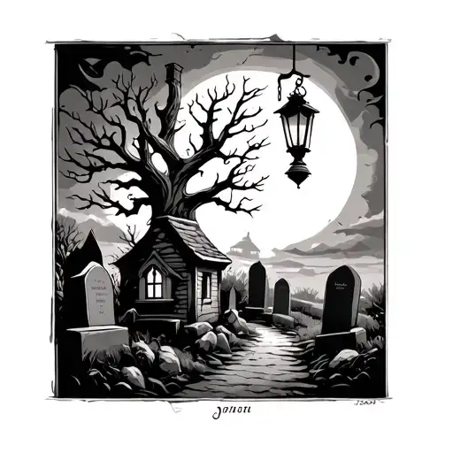 Graveyard With Tree And Hanging Lantern
