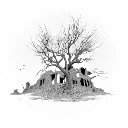 Burnt Tree On A Hill With A Destroyed Building On One Side
