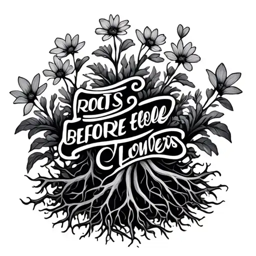 Quote 'Roots Before Flowers' With Roots And Flowers Sprouting