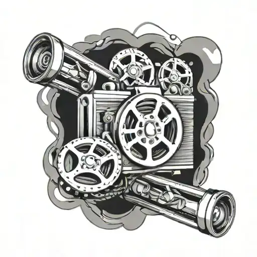 Create A Black-grey Tattoo Of A Movie Reel Intertwined With Images Of Cars And Bikes