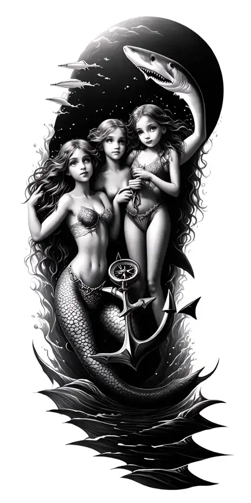 Underwater Scene With Sharks Fish Waves Son Holding Compass And Two Mermaid Daughters Holding Anchor