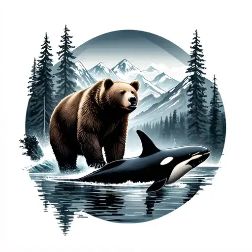 Grizzly Bear And Orca Whale Scenic Mountain Landscape