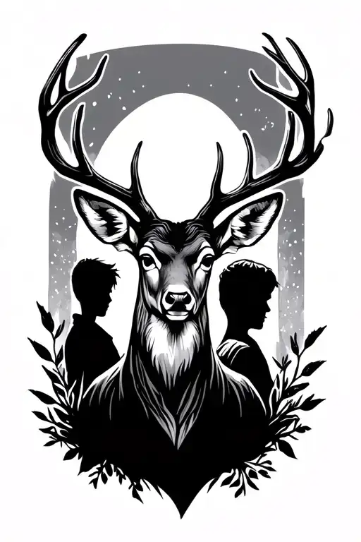 A Deer Head With A Boy And Father Silouette In The Background