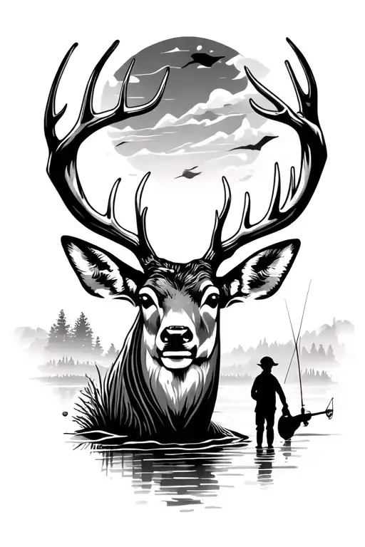 A Deer Head With A Boy And Father Fishing Silouette In The Background