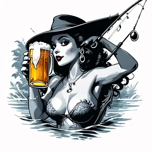 Pin Up Girl Fishing Drinking Beer