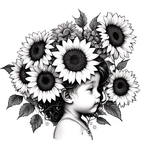Baby Girl With Sunflowers Above The Child