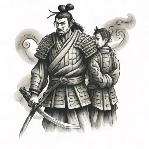 Samurai Warrior With Father Holding Hands