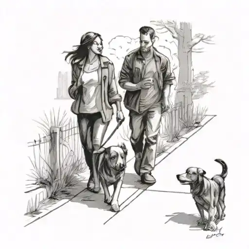 Man And Women Walking Down A Lane With A One Dog