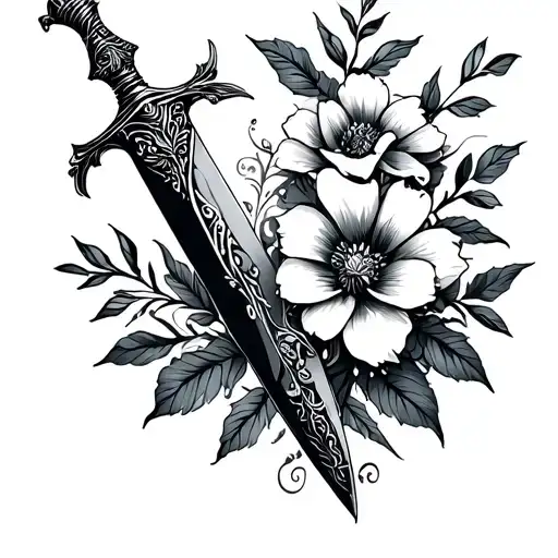 Sketch Style Dagger With Fine Line Flowers