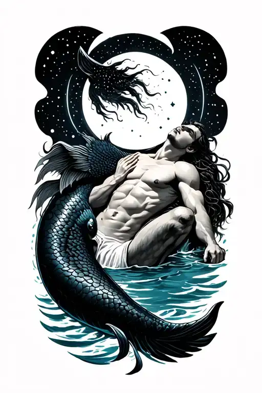 Black Merman Sunbathing Scene With A Celestial