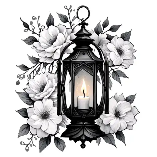 Gothic Lantern With Candle Burning Surrounded By Flowers With Two Watch Faces Incorporated