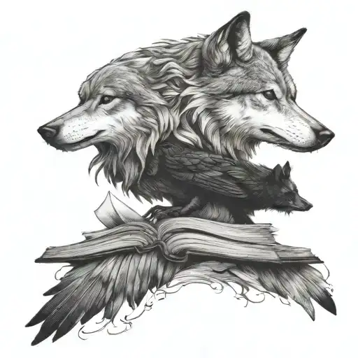 Wolf And Crow Perched On Top Book Open
