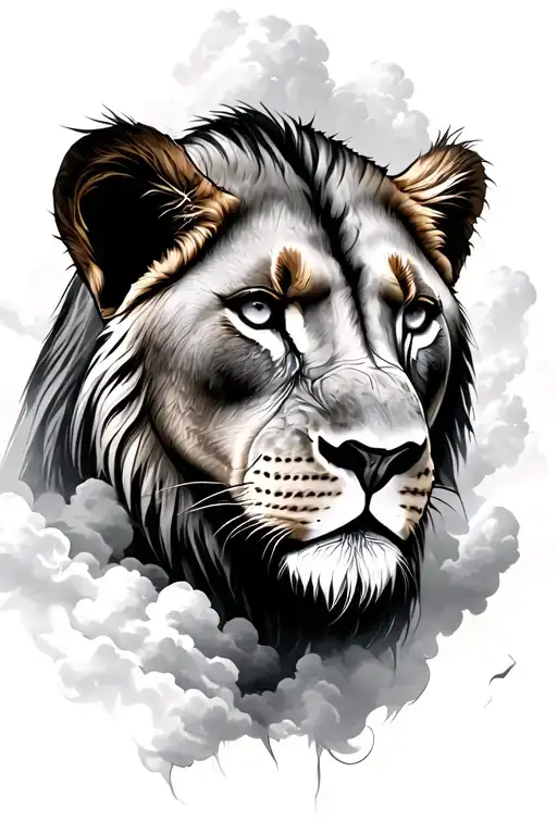 Lioness Head With A Background Of The Clouds And Elements To Show That The Temp Passes Quickly