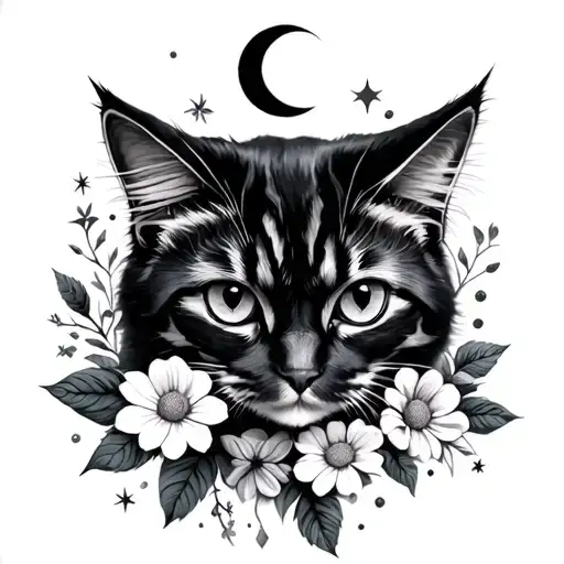 Cat Flowers Star Moon