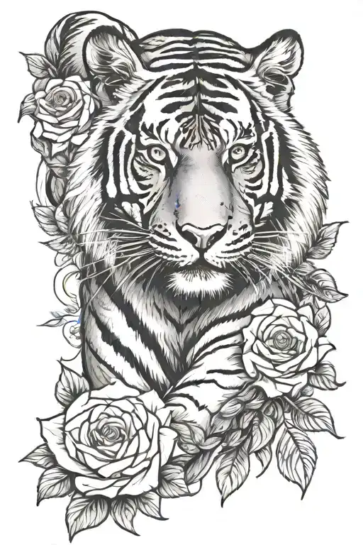 Tiger Surrounded With Roses