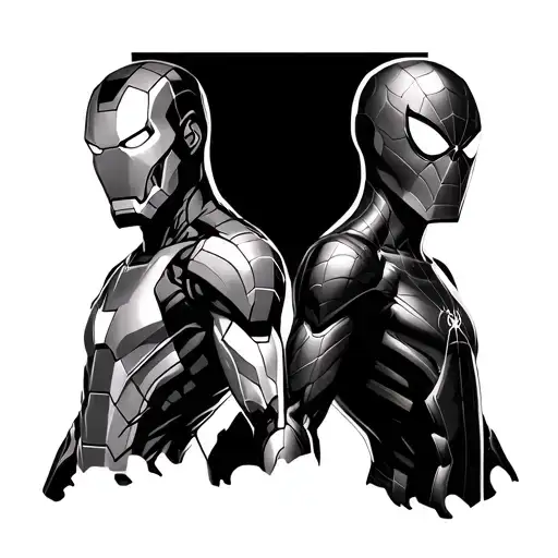 Iron Man And Spider Man Standing Side By Side Face Profile Holding