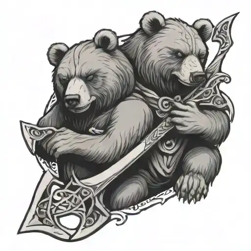 Celtic Bear Holding Axes Crossing Over Eachother