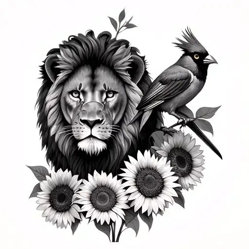 Lion & Cardinal With Sunflowers