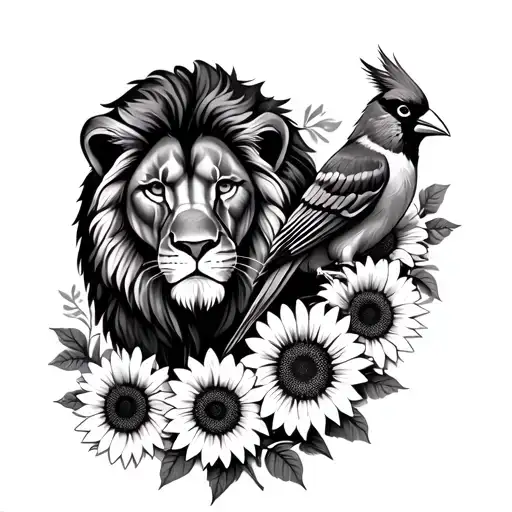 Lion & Cardinal With Sunflowers