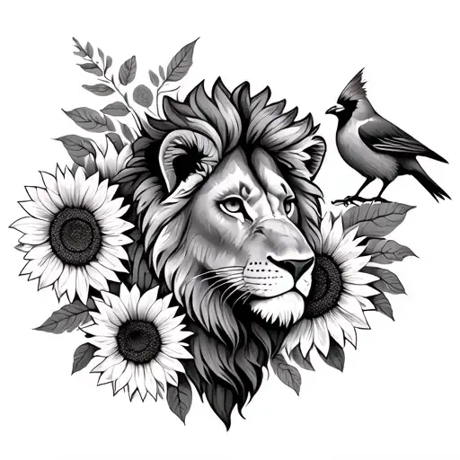 Lion & Cardinal With Sunflowers