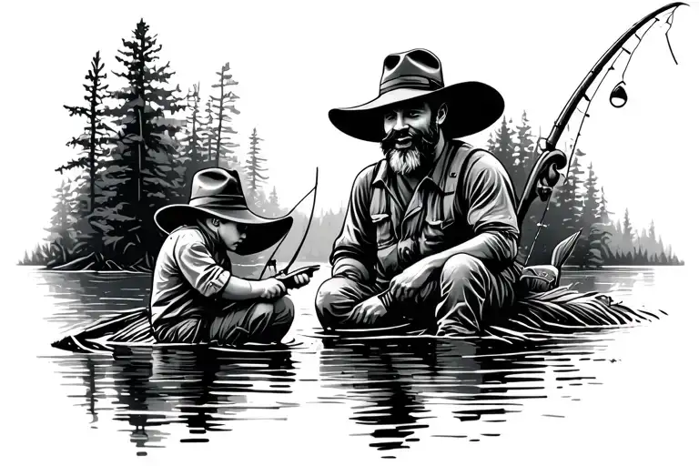 Father Son Fishing And Hunting Scene Stamp Style