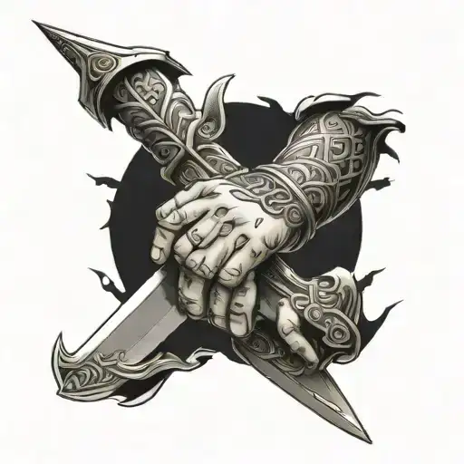 2 Hands Holding A Sword By The Balde