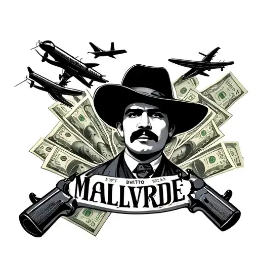 The Name Malverde In Bandito Font And Money And Airplane Coming Out The Name With Guns