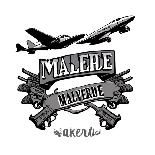 The Name Malverde In Bandito Font And Airplane Coming Out The Name With Guns
